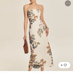 Commense Strapless Dress with Blue and Brown Floral Design